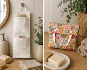 Pochette à savon double en coton enduit et nid d’abeille pour transporter savon et shampoing solide.